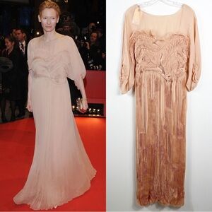 Thakoon Runway Solid Chiffon Pleated Ruffle Molded Bodice Mesh Gown Nude